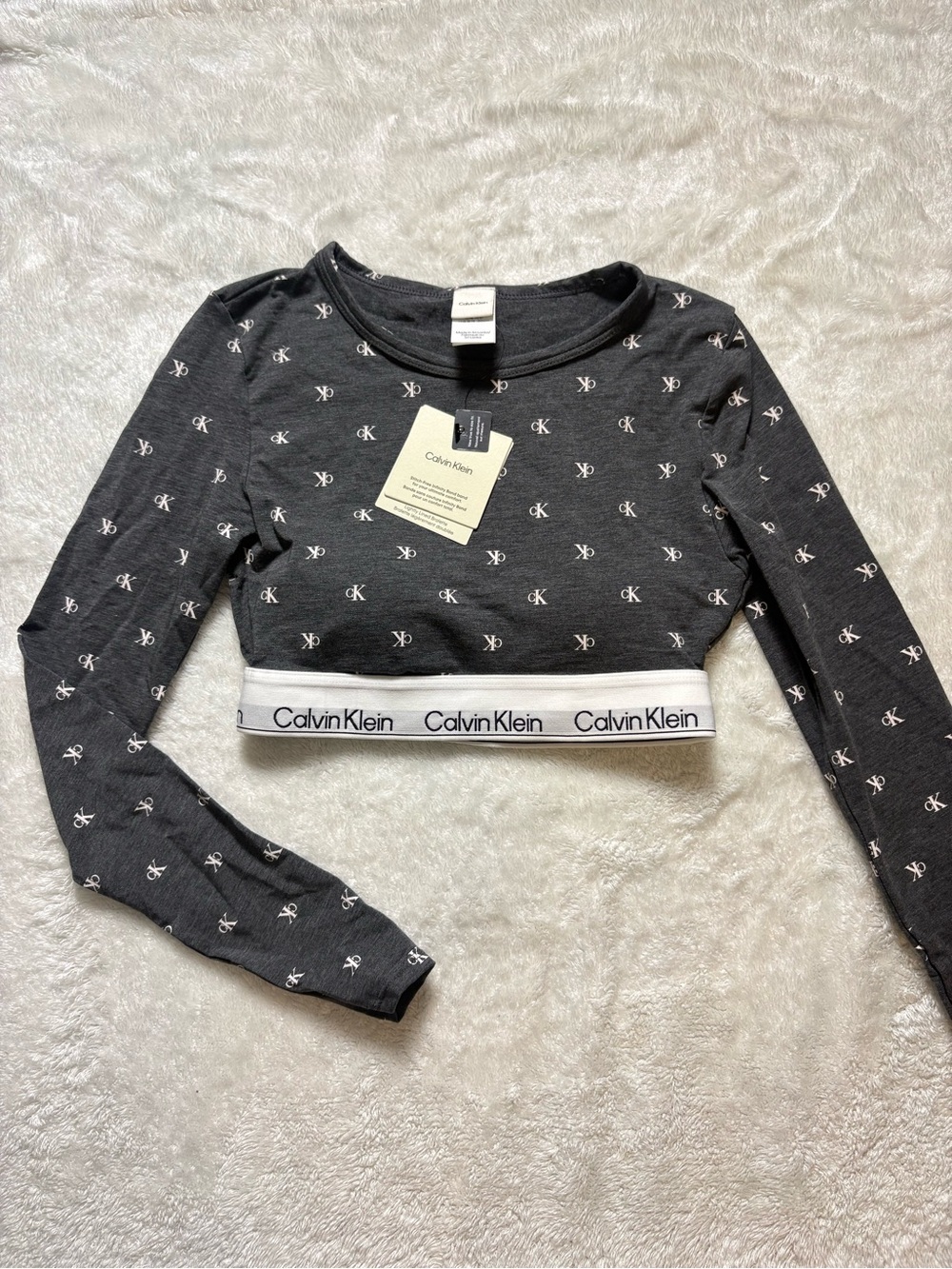 Calvin Klein Charcoal Gray Logo Crop Long Sleeve Top